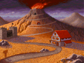 A screenshot of the main screen in Shadow of Yserbius. The volcano billows smoke in the background, while in the foreground the Tavern is full of other players.