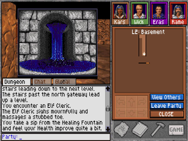 A party of adventurers discovers the Healing Fountain in the Basement map. The automap interfce is shown on the right-hand side of the screen.